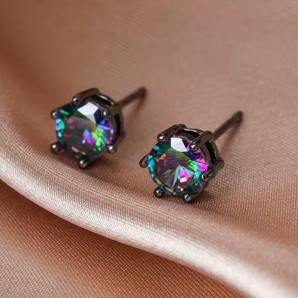 Rainbow Crystal Stud Earrings Black Gold Stud - Picture 1 of 2